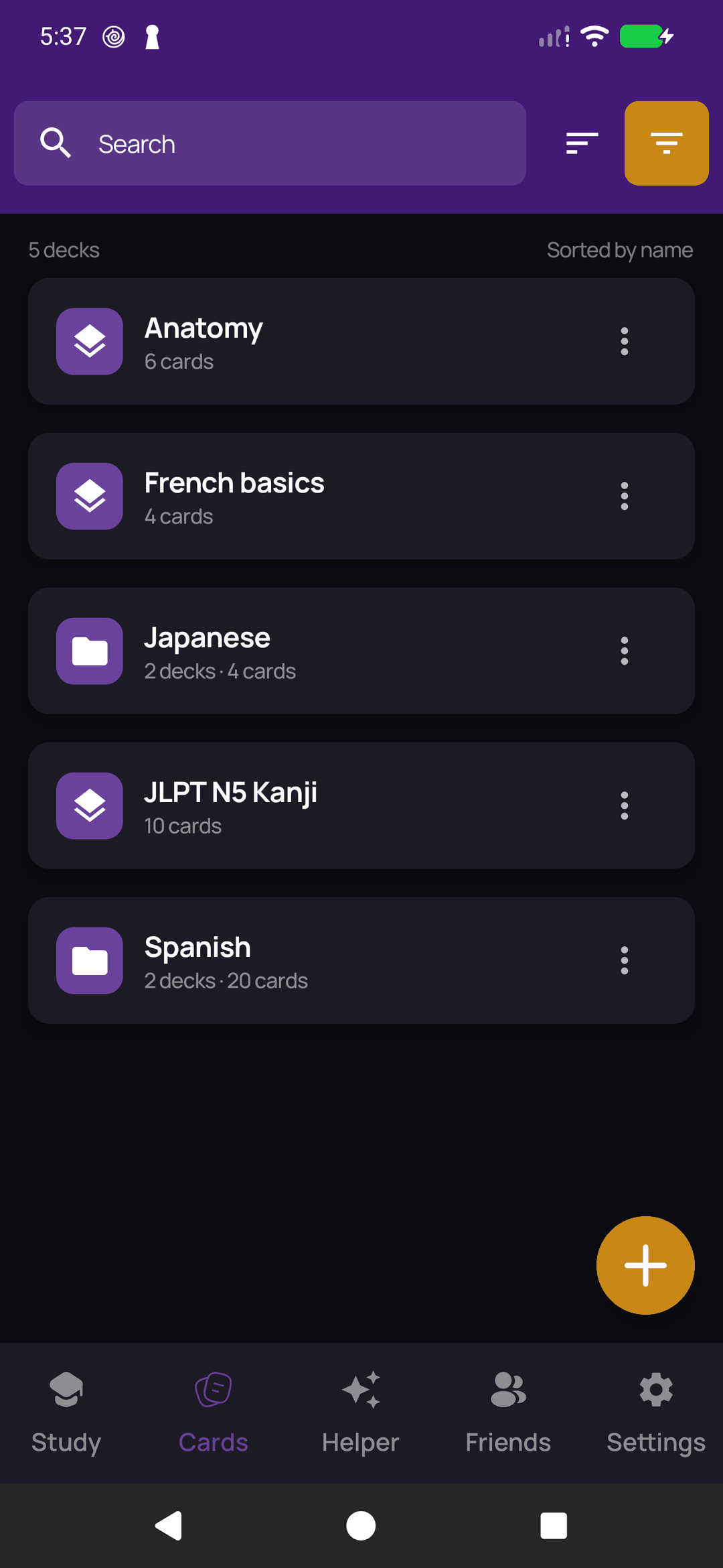 A deck list with decks nested inside a parent deck