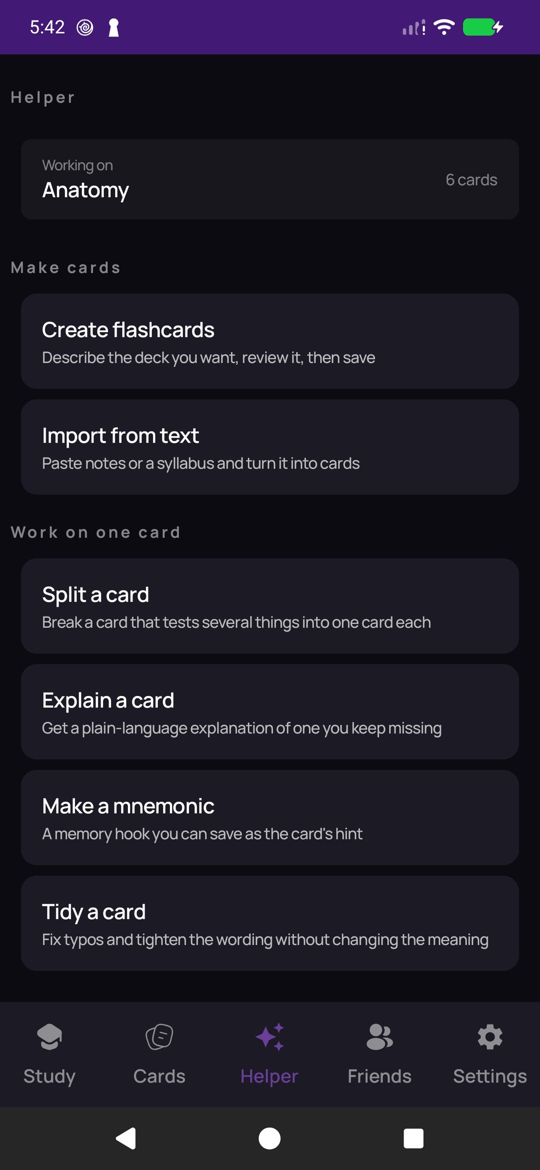 The Helper tab, listing the skills it can run