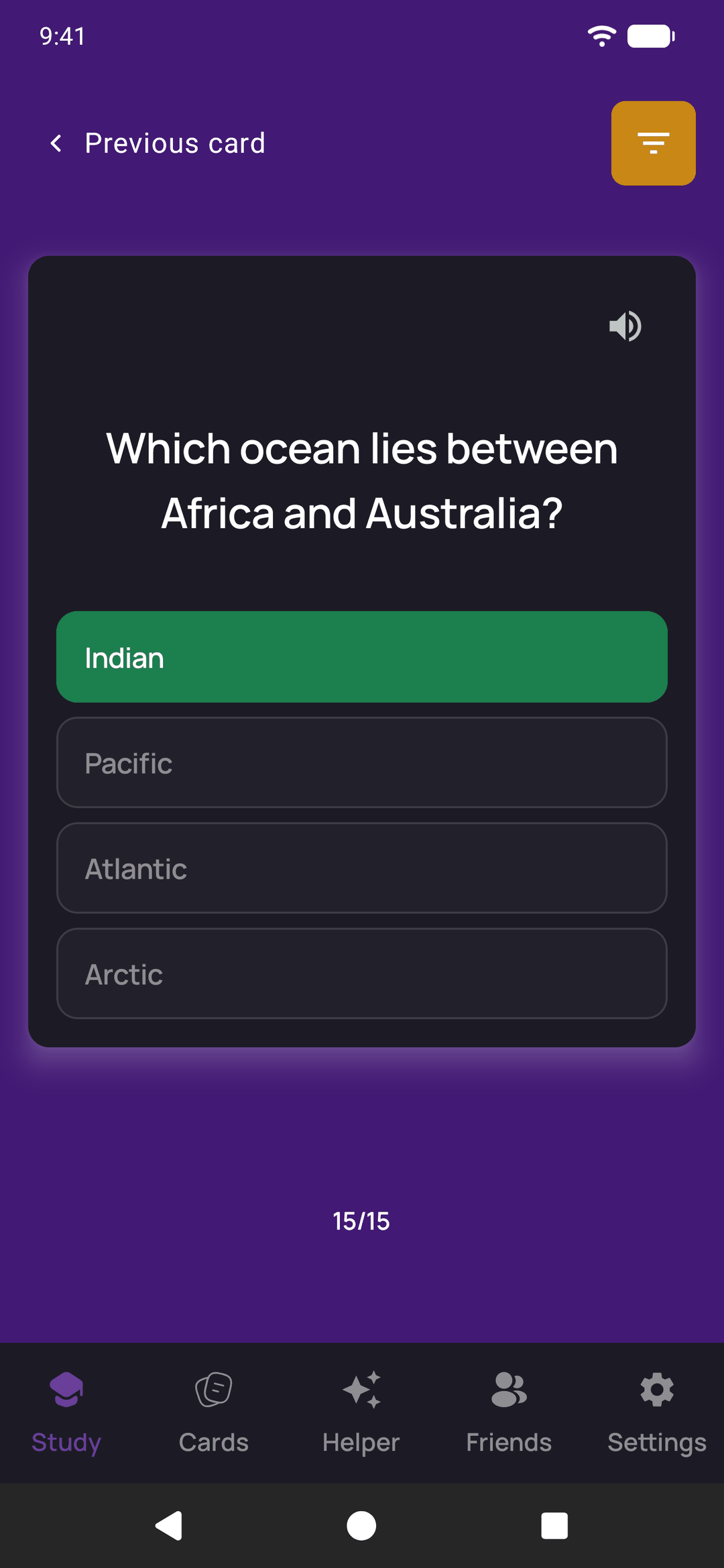 A multiple-choice card asking which ocean lies between Africa and Australia, with Indian marked right