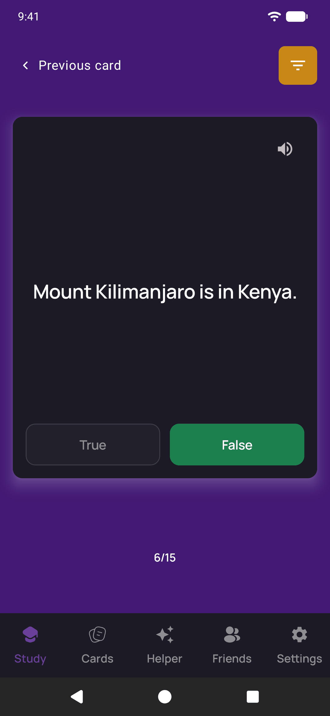 A true or false card stating that Mount Kilimanjaro is in Kenya, with False marked right