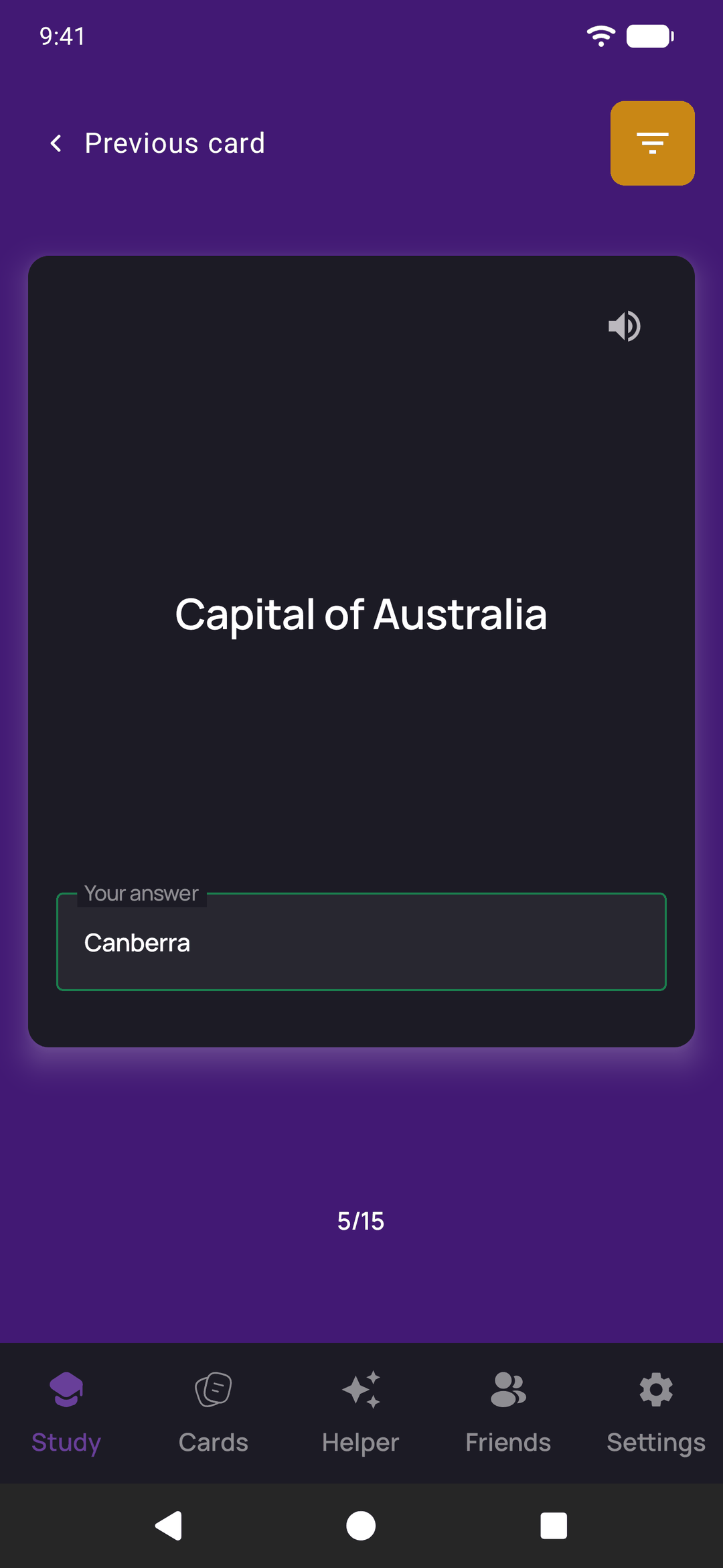 A type-the-answer card asking for the capital of Australia, with Canberra typed in