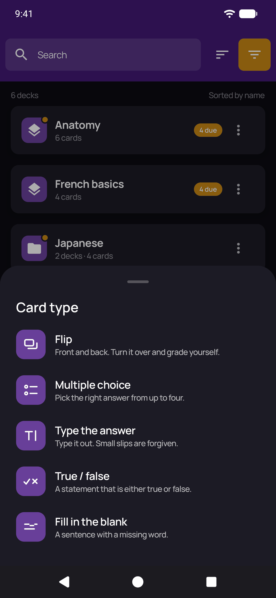 The Card type sheet, listing Flip, Multiple choice, Type the answer, True / false and Fill in the blank